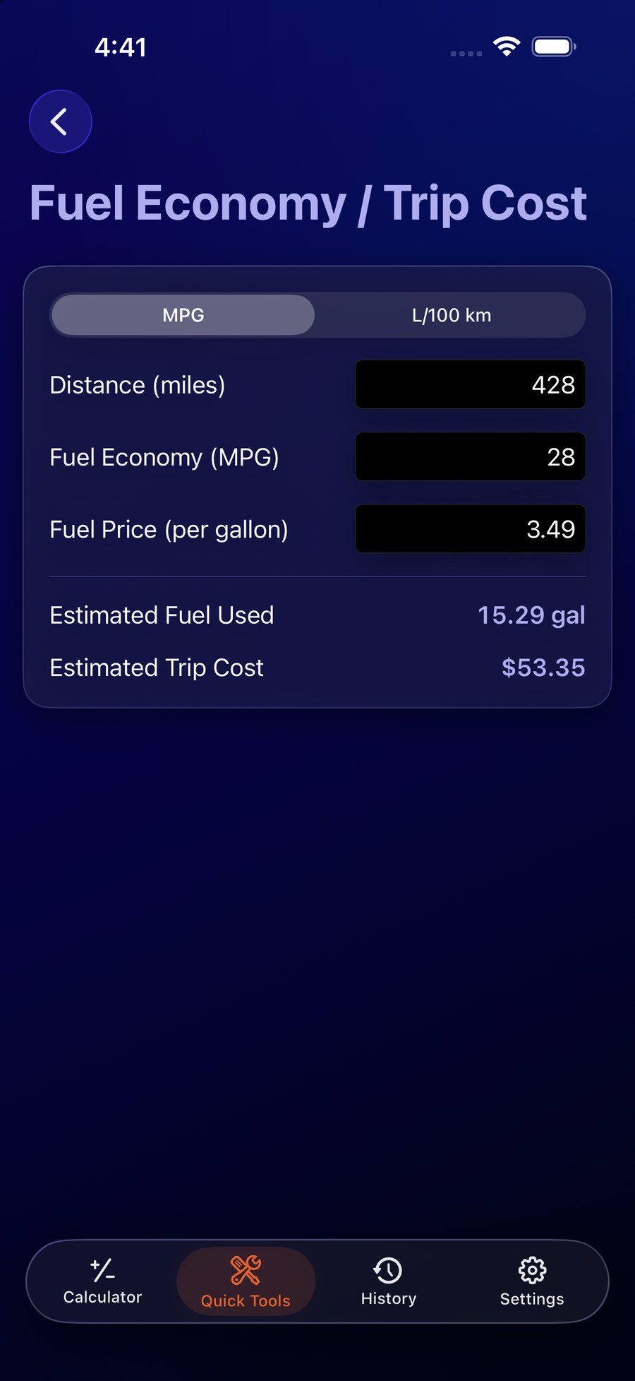 The iCalculator Fuel Economy and Trip Cost